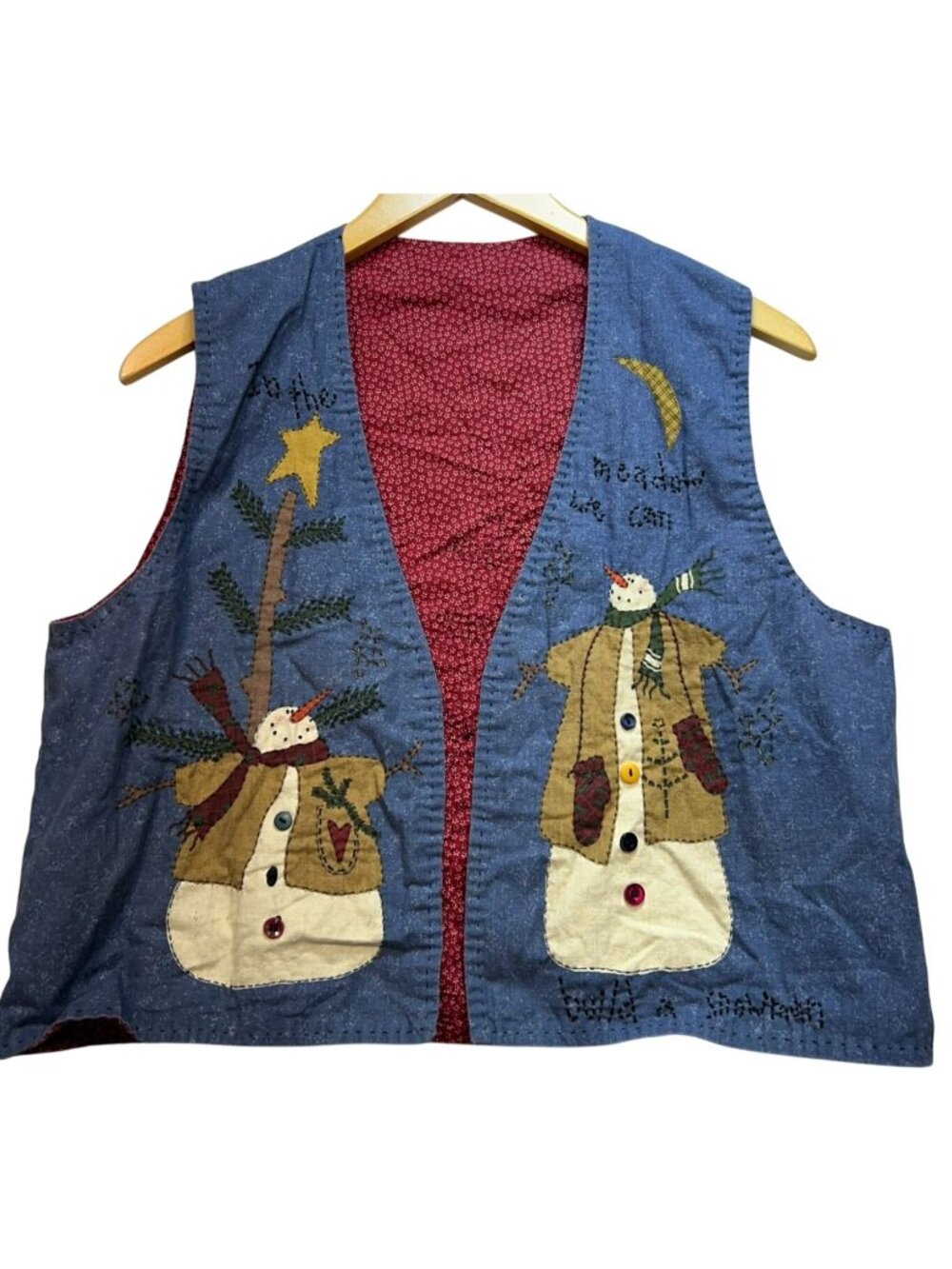 Vintage Womens In The Meadow Snowman Handmade Christmas Open Front Vest Blue Red